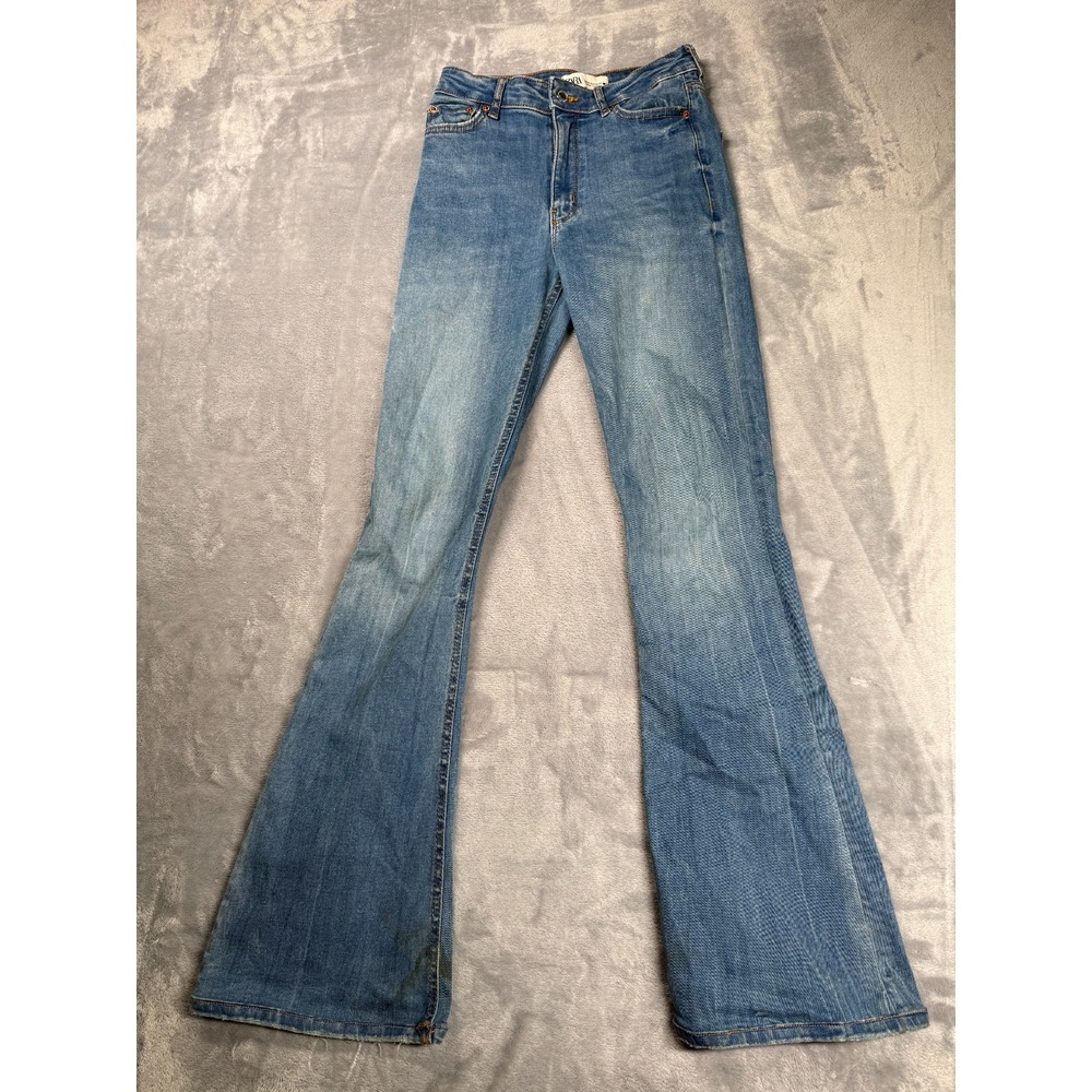 Zara Jeans Womens 4 Blue Medium Wash Denim Cotton Stretch Mid Rise Flared Leg
